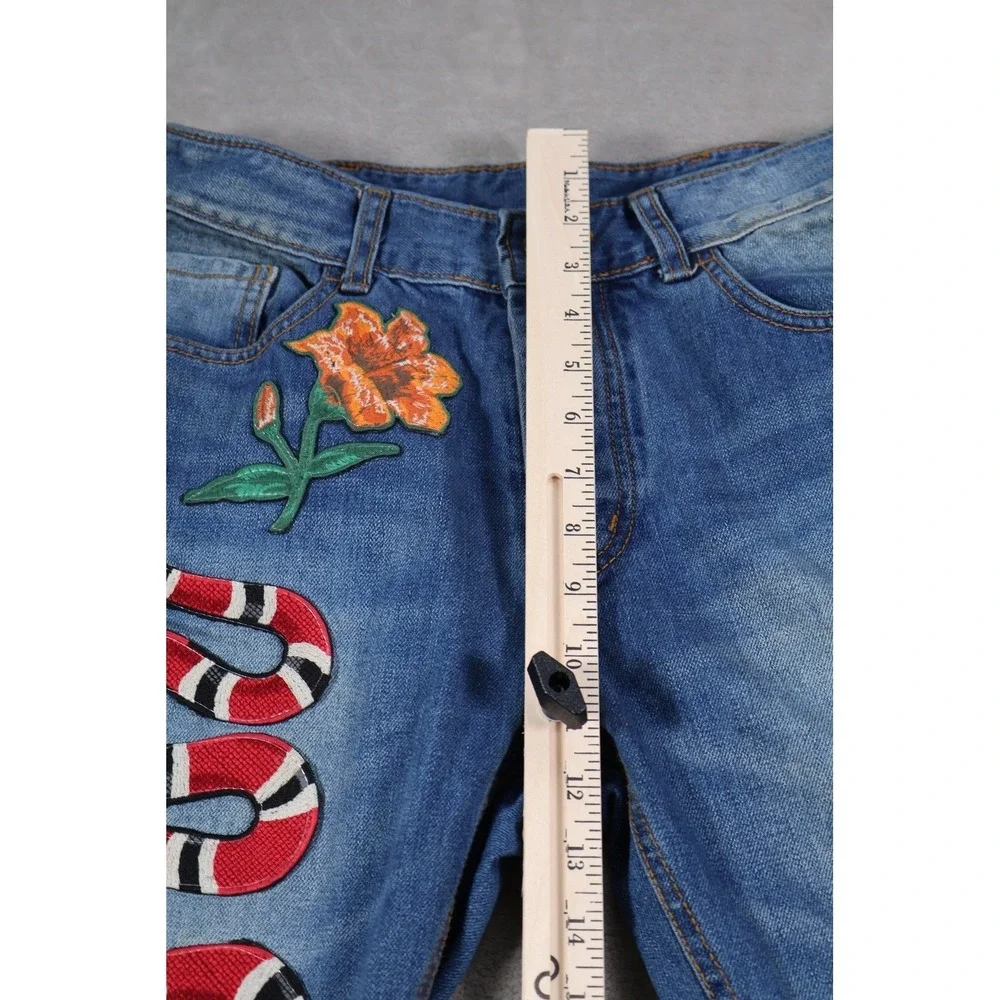 Gucci Snake Flower Embroidered Straight Leg Jeans Medium Wash Blue Denim Womens